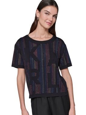 Karl Lagerfeld Paris Women's Rhinestone Logo Tee - Black S